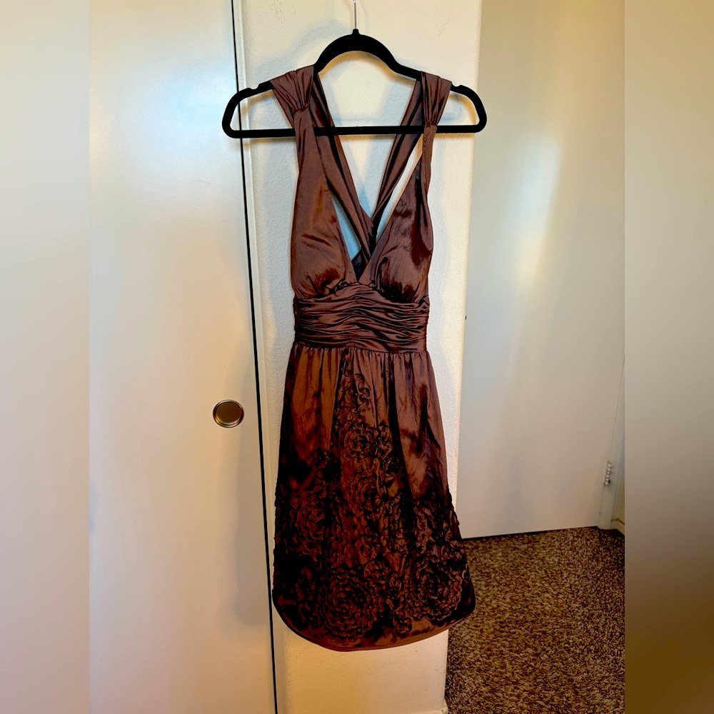 Adrianna Papell Brown Pleated Halter Sundress